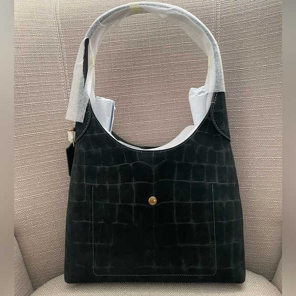 Coach Brooklyn Shoulder Bag 28 Black suede Crocodile-Embossed new - Picture 5 of 16